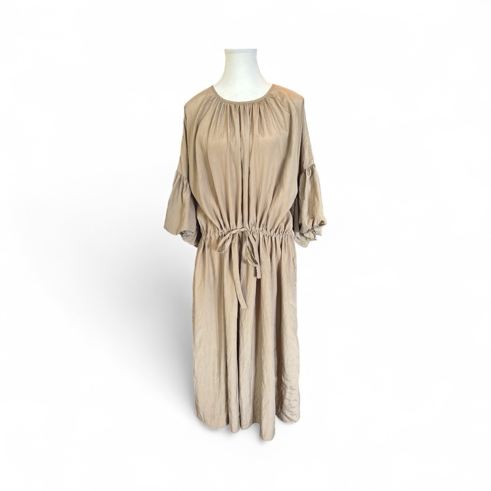Deveaux New York Riley Beige Midi Dress Puff Sleeve Ruched Drawstring Waist L - Picture 5 of 9